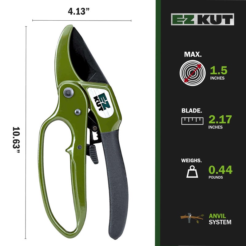 EZ Kut Heavy Duty Pruning Shears Green - with Ratcheting Action Great Garden Hand Tool Clippers Gardening pruners arthritis tools Ratcheting Anvil Hand Pruner Pruning Shears Heavy Duty Since 1988 - Image 5